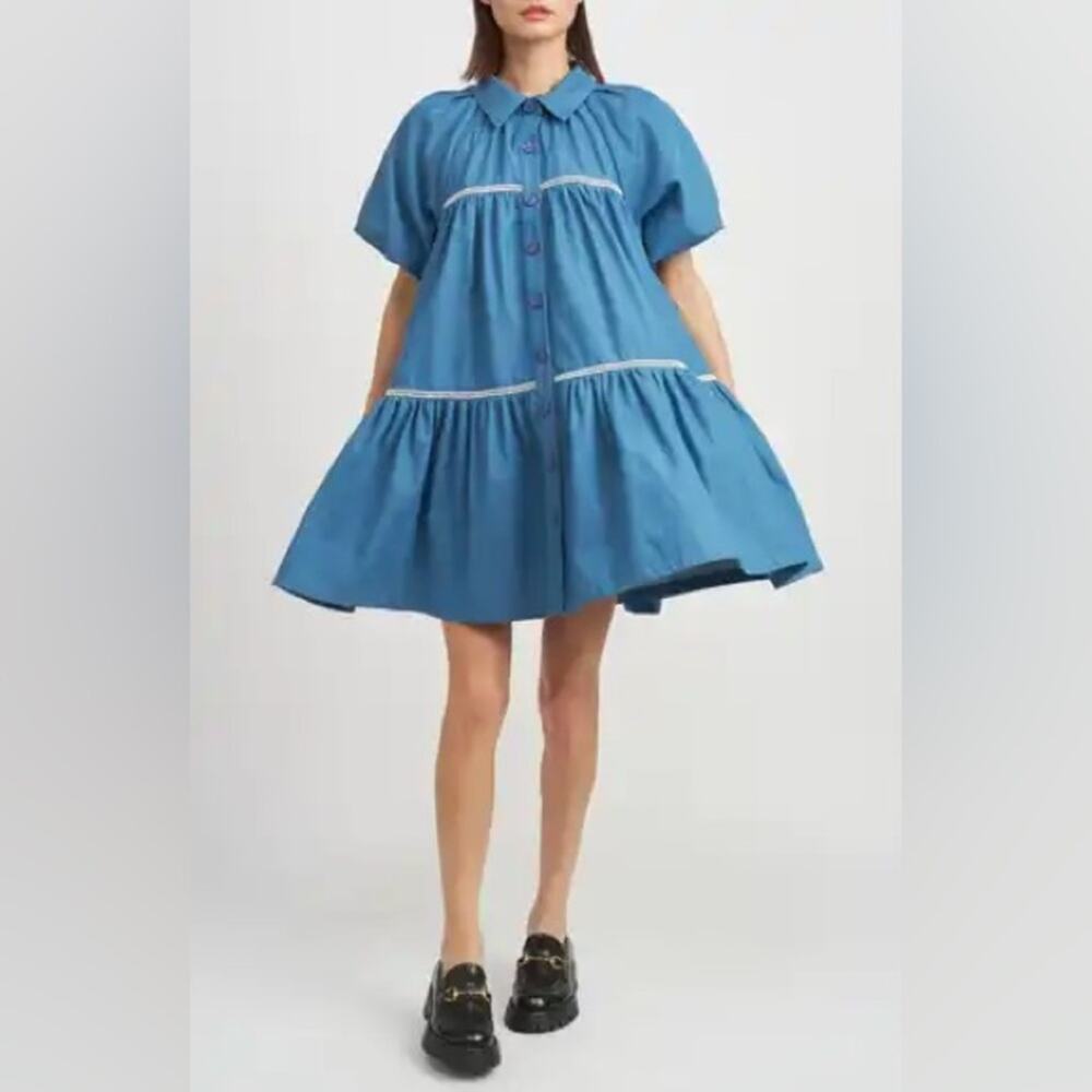 En Saison Blue Tara Puff-Sleeve Babydoll Mini Shirtdress NEW LARGE